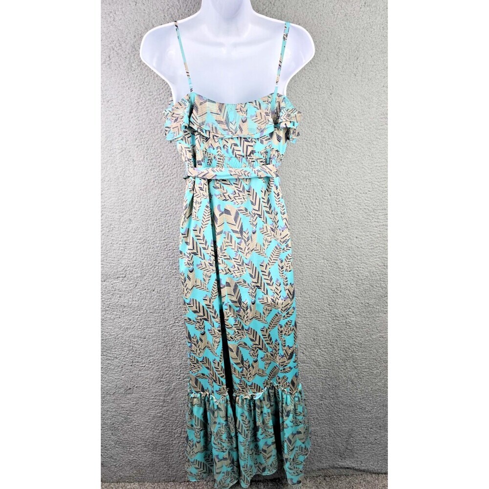 MM Couture Maxi Dress Large Jade Green Feather Ruffle Smocked Waist Boho Trendy - Picture 6 of 13